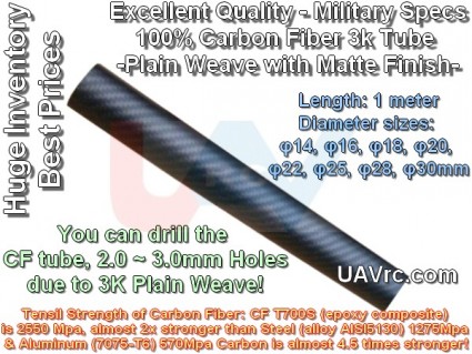 3K Carbon Fiber Tube 14x12x1000mm -Matte Finish 