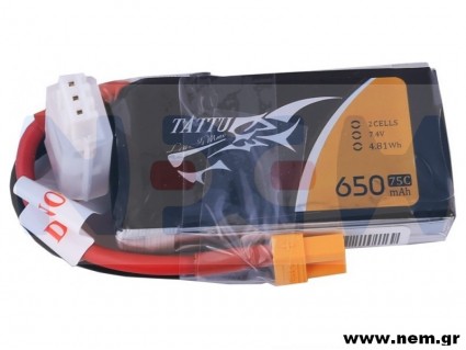 Tattu 650mAh 2S1P 75C 7.4V Lipo Battery Pack with XT30 plug