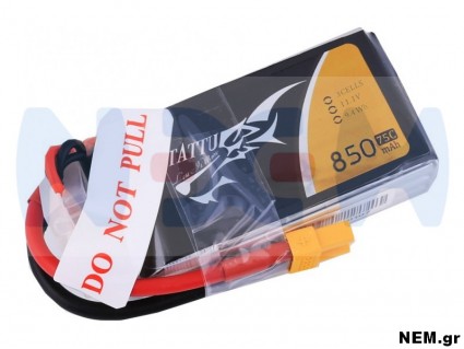 Tattu 850mAh 11.1V 75C 3S1P Lipo Battery Pack With XT60 plug