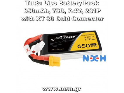 Tattu 650mAh 2S1P 75C 7.4V Lipo Battery Pack with XT30 plug