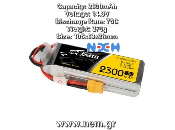 TATTU 2300mAh 14.8V 75C 4S1P Lipo Battery Pack with XT60 TATTU 2300mAh 14.8V 75C 4S1P Lipo Battery Pack with XT60