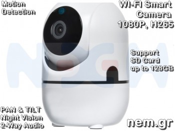 Smart Wi-Fi Camera 1080p, H265, Pan-Tilt, 2-Way Audio, Night Vision