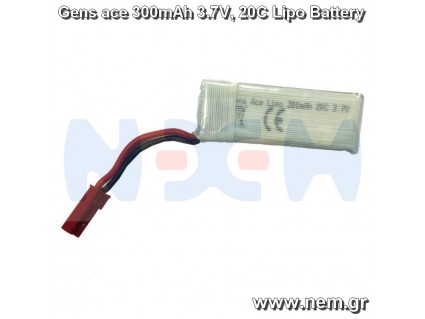 Gens ace 3.7V 300mAh, 1S1P, 20C Lipo Battery Pack with JST Plug