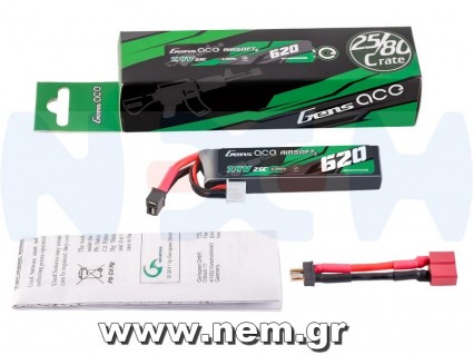 Gens ace 620mAh 2S 25C 7.4V Lipo Battery | Mini Deans Plug | Airsoft