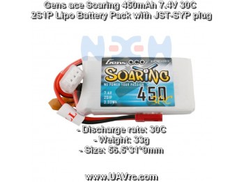 Gens ace Soaring 450mAh 7.4V 30C 2S1P Lipo Battery Pack with JST-SYP plug