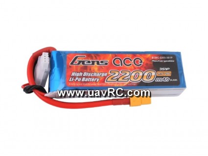 Gens ace 2200mAh 11.1V 25C 3S1P Lipo Battery Pack with XT60 plug