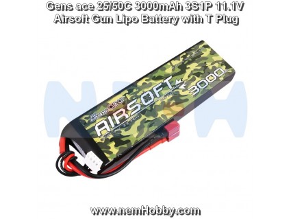 Gens ace 25/50C 3000mAh 3S1P 11.1V Airsoft Gun Lipo Battery with T Plug