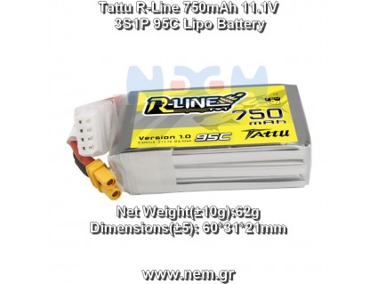 Tattu R-Line 750mAh 11.1V 3S1P 95C Lipo Battery with XT30 Plug