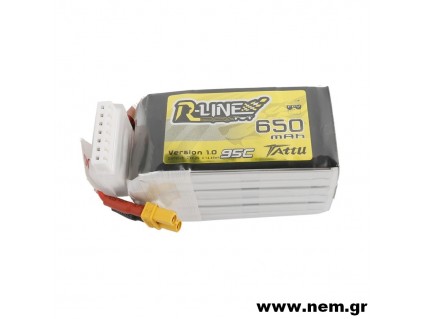 Tattu R-Line 650mAh 95C 22.2V 6S1P Lipo Battery Pack with XT30U-F Plug