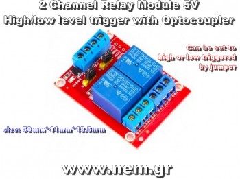Relay Module 2-Channel with Optocoupler Isolation (High/Low Level Trigger, 10A, 5V/9V/12V/24V)