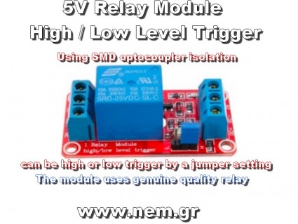Relay Module 5V 1-Channel with Optocoupler Isolation (High/Low Level Trigger, 10A)